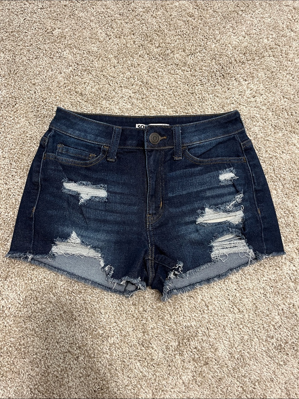 Dark Blue Distressed Denim Shorts - Women